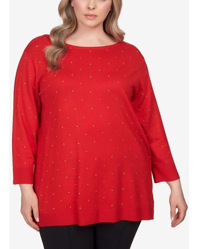 Ruby Rd. Plus Size Stud Embellished Tunic Sweater - Red