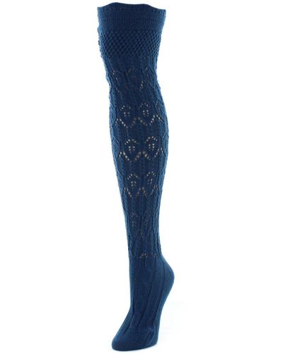 Memoi Diamond Pointelle Chunky Knit Over-the-knee Warm Socks - Blue