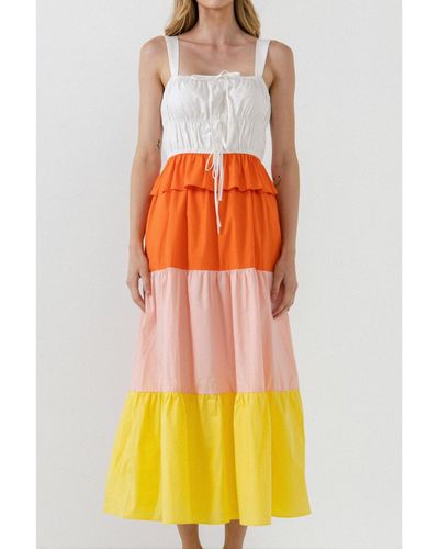 English Factory Color Block Tied Detail Shirring Dress - Orange