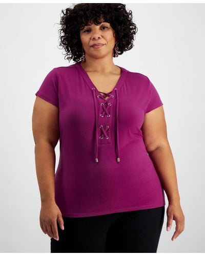 INC International Concepts Plus Size Lace-up-neck Short-sleeve Top - Purple