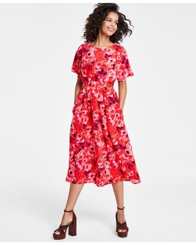 Kensie Floral-print Pintucked Fit & Flare Dress - Red