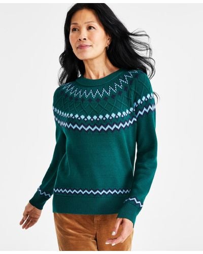 Style & Co. Petite Fair Isle Crewneck Raglan-sleeve Sweater - Green