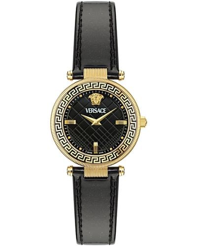 Versace Swiss Black Leather Strap Watch 35mm - Metallic