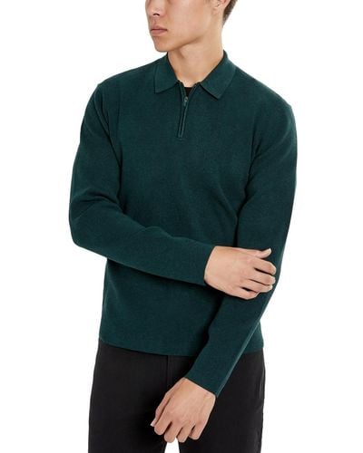 Kenneth Cole Slim-fit Zip-placket Long Sleeve Polo Sweater - Green