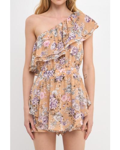 Free the Roses Floral One Shoulder Romper - Pink