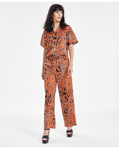 BarIII Animal-print Drawstring-waist Pants - Orange