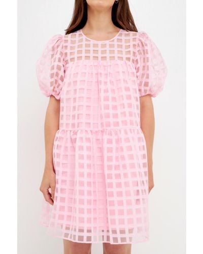 English Factory Gridded Puff Sleeve Dress - Pink