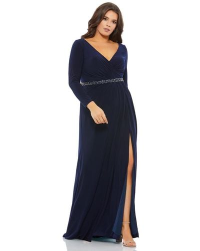 Mac Duggal Plus Size Beaded Belt Jersey Faux Wrap Long Sleeve Gown - Blue