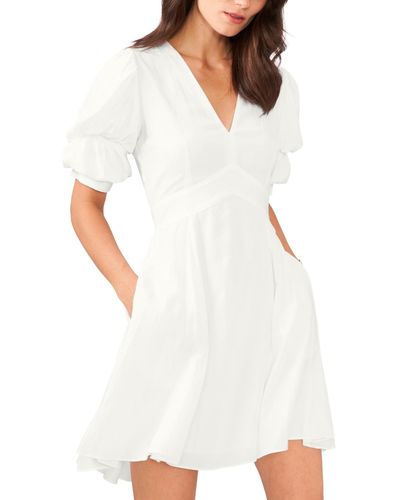 1.STATE V-neck Tiered Bubble Puff Sleeve Mini Dress - White