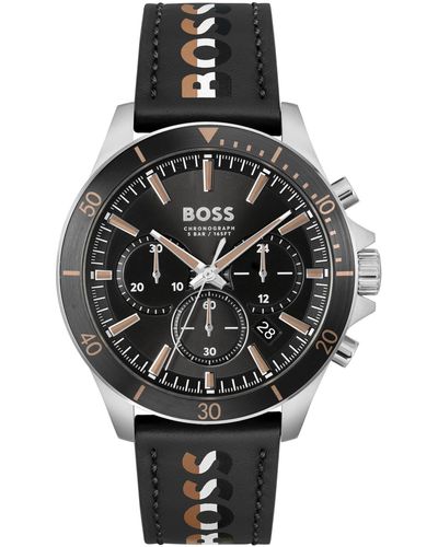 BOSS Men Troper Quartz Fashion Chrono Leather Watch 45mm - Black