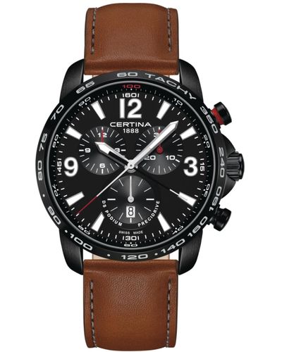 Certina Swiss Chronograph Ds Podium Brown Leather Strap Watch 44mm - Black