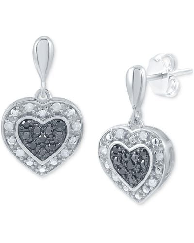 Macy's Black & White Diamond Heart Drop Earrings (1/6 Ct. T.w. - Metallic