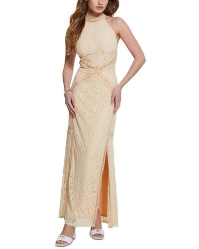 Guess New Liza Lace Halter Sleeveless Gown - Natural