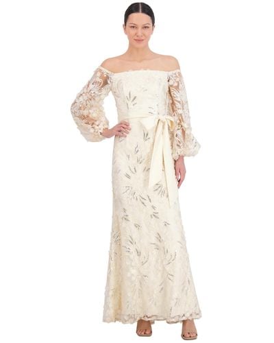 Eliza J Sequin Embroidered Balloon-sleeve Gown - Natural