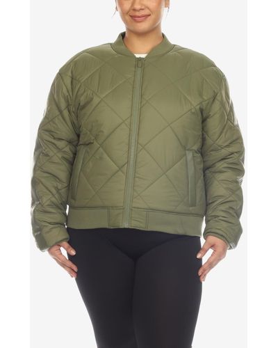 White Mark Plus Size Diamond Quilted Puffer Bomber Jacket - Green