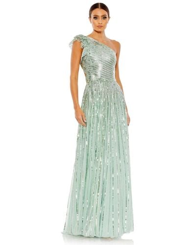 Mac Duggal Sequined One Shoulder Flutter Sleeve A Line Gown - Green