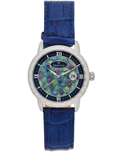 Heritor Men Protege Leather Strap Watch W/date - Blue