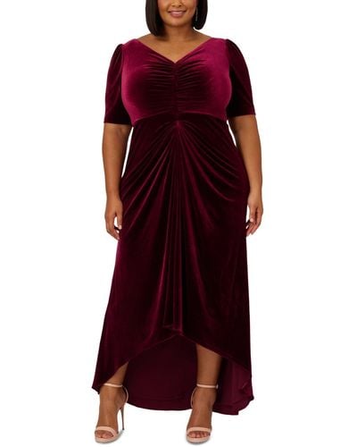 Adrianna Papell Plus Size Velvet V-neck Draped High-low Gown - Red