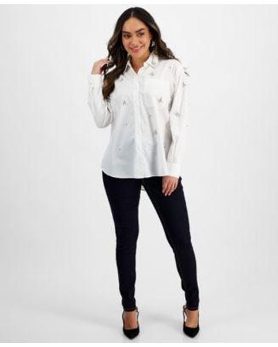 INC International Concepts Petite Rhinestone Embellished Button Down Top Solid Skinny Leg Pants Created For Macys - White