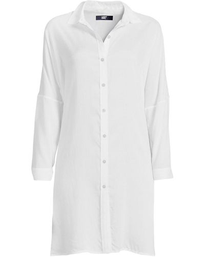 Lands' End Sheer Over D Button Front Swim Cover-up Shirt - White