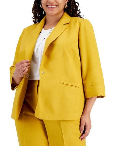 Kasper Plus Size Linen-blend 3/4-sleeve Blazer - Yellow