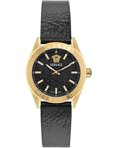 Versace Swiss Black Leather Strap Watch 36mm - Metallic