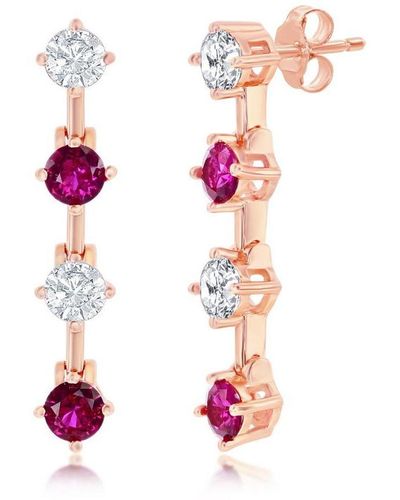Simona Sterling Silver Round Cz Long Earrings - Pink