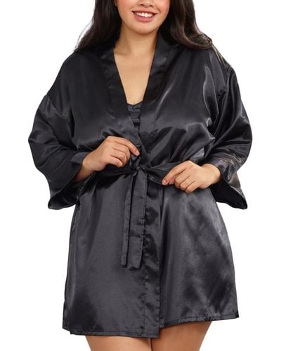 Dreamgirl Plus Size Satin Robe & Chemise 2pc Lingerie Set - Black