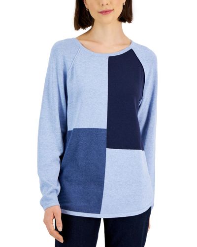 Karen Scott Cotton Colorblocked Patchwork Sweater - Blue