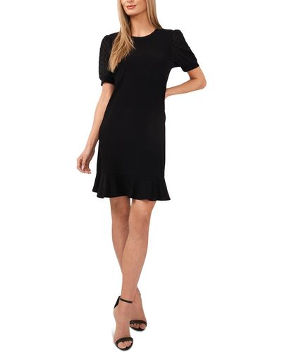 Cece Mixed Media Puffed Clip Dot Short Sleeve Dress - Black