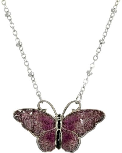 2028 Silver Tone And Black Enamel Butterfly Necklace - Purple