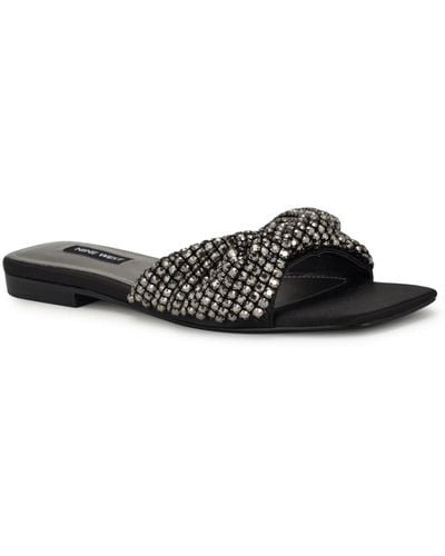 Nine West Mande Embellished Square Toe Slip-on Sandals - Black