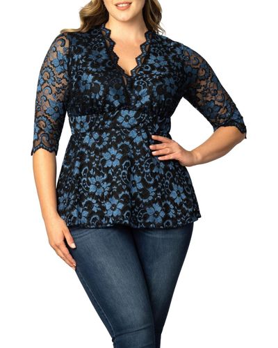 Kiyonna Plus Size Luxe Lace Top - Blue