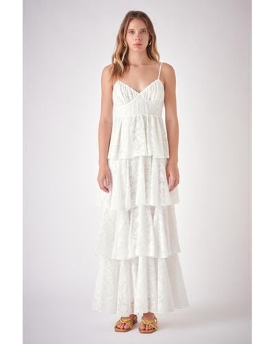 Free the Roses Floral Jacquard Tiered Maxi Dress - White