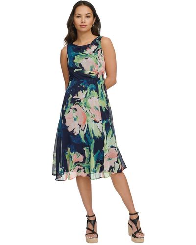 DKNY Petite Printed Boat-neck Side-ruched Dress - Blue