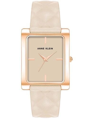 Anne Klein Three Hand Quartz Rectangular Rose Gold-tone Alloy And Ivory Genuine Leather Strap Watch - Natural