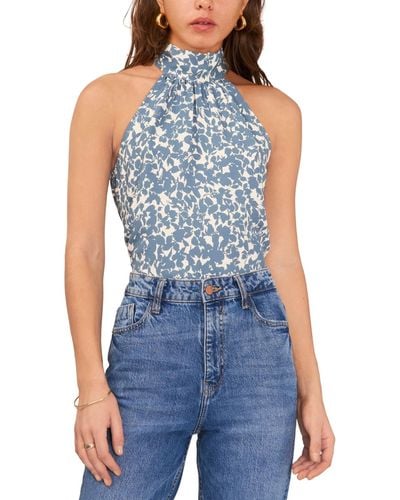 1.STATE Printed Tie-back Halter Sleeveless Blouse - Blue