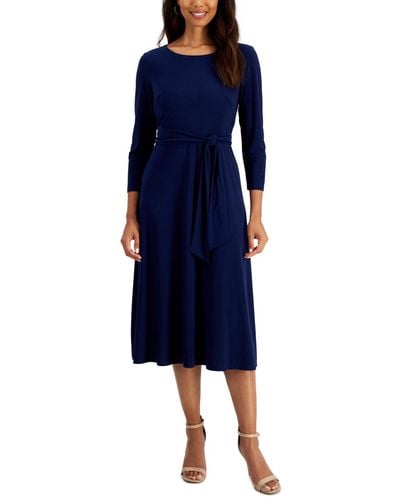Kasper Petite Belted 3/4-sleeve Knit Midi Dress - Blue
