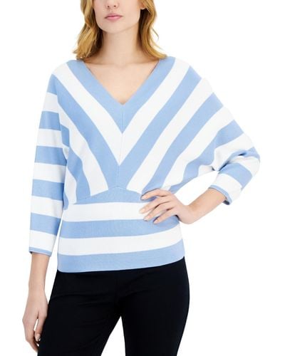 Tahari Striped 3/4-sleeve V-neck Sweater - Blue