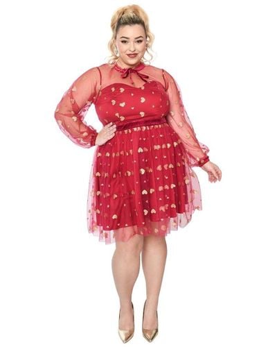 Unique Vintage Plus Size Printed Balloon Sleeve Flare Dress - Red