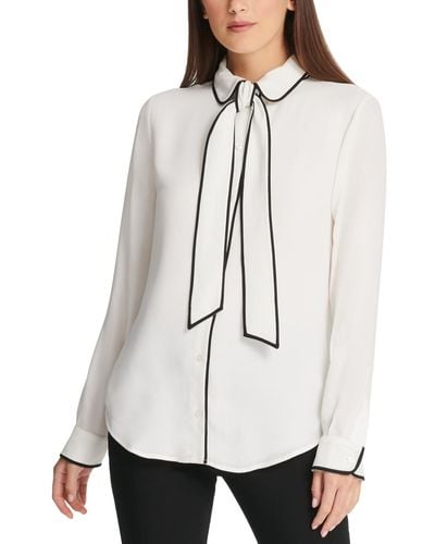 DKNY Petite Piped-trim Button-up Blouse, Created For Macy's - White