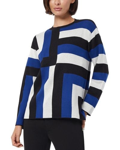 Jones New York Jacquard Geo Crewneck Sweater - Blue
