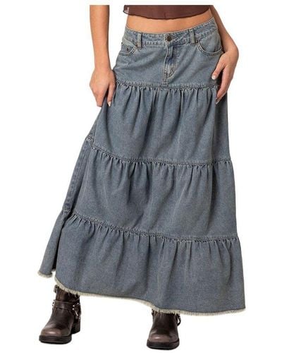 Edikted Countryside Tiered Washed Denim Maxi Skirt - Gray