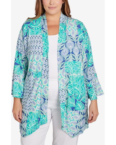 Ruby Rd. Plus Size Bali Patchwork Knit Cardigan Top - Blue