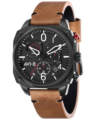 AVI-8 Hawker Hunter Chronograph Retrograde Edition Genuine Leather Strap Watch 45mm - Brown