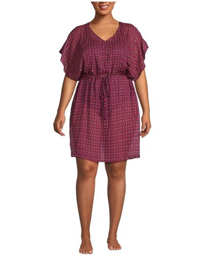 Lands' End Plus Size Sheer Over D Short Sleeve Gathered Waist Swim Cover-up Dress