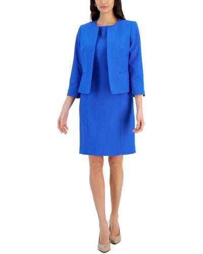 Le Suit Collarless Jacket & Sheath Dress Suit - Blue