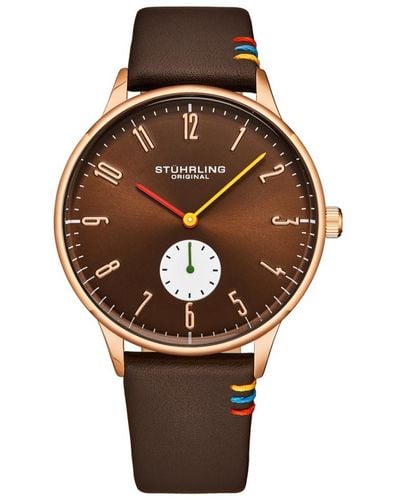 Stuhrling Leather Strap Quartz Dial Rose Gold Case Red Yellow And Green Hands - Brown