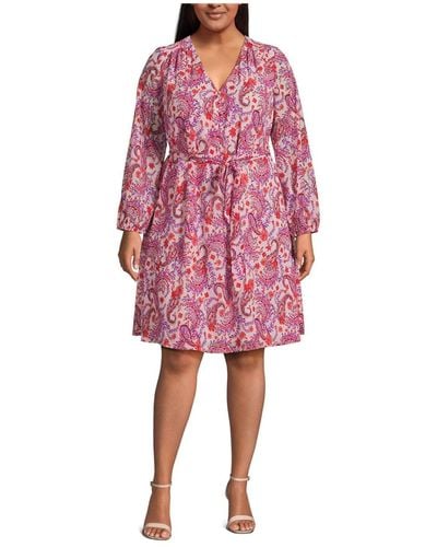 Lands' End Plus Size Chiffon Long Sleeve Fit And Flare Dress - Red