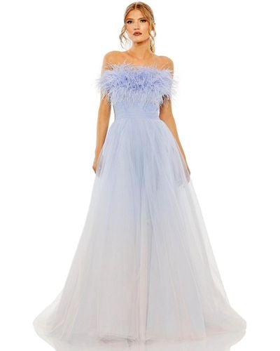 Mac Duggal Strapless Feather Hem Tulle Gown - White